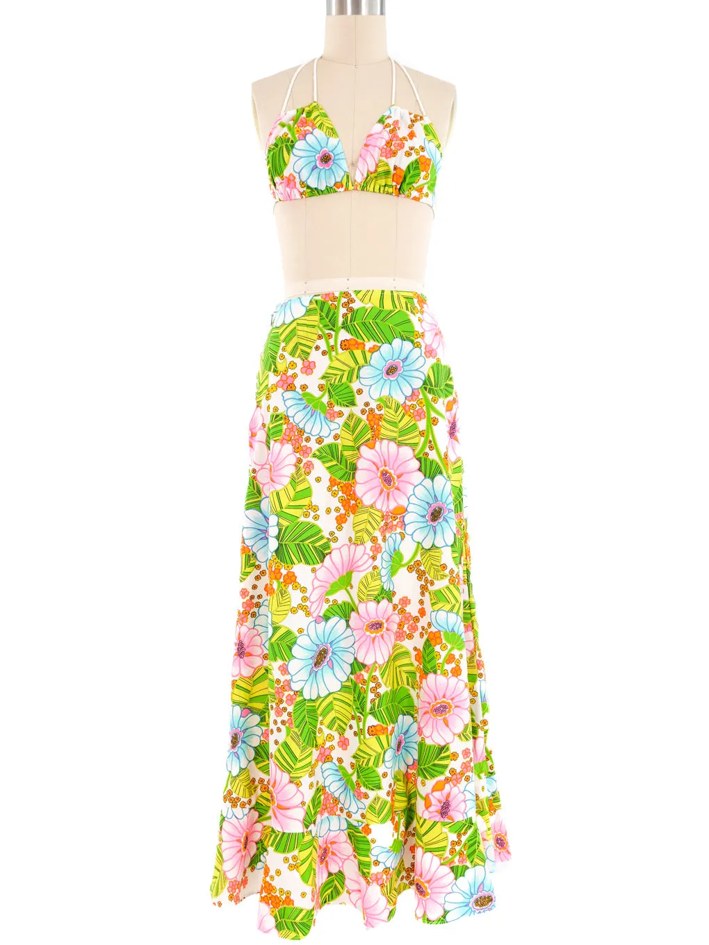 1970s Tropical Maxi Skirt and Triangle Top Ensemble