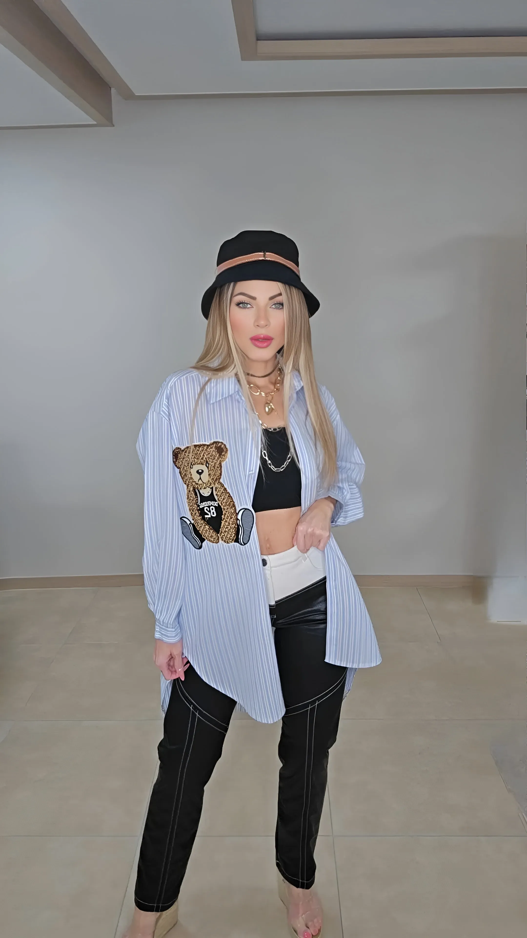 Bear on stripes shirt top