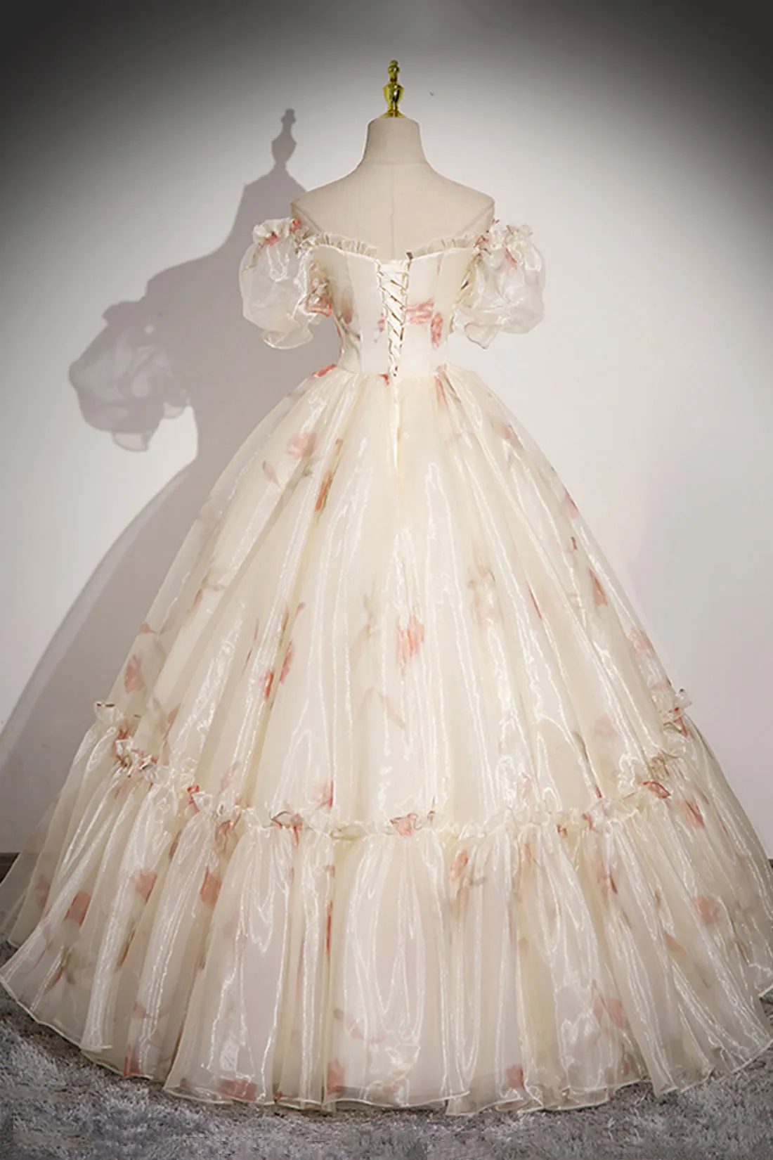 Beautiful Floral Tulle Long Prom Dress, Champagne Short Sleeve Evening Dress