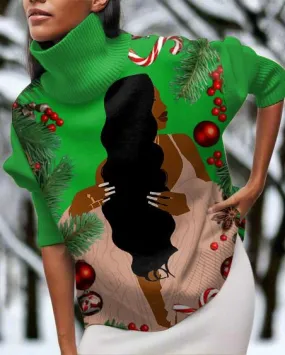 Black Girl Christmas High Neck Long Sleeve Top