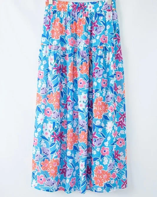 Blue Floral Elastic Waist Wrap Maxi Skirt