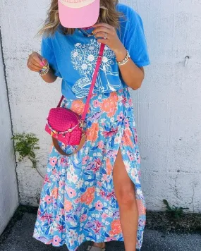 Blue Floral Elastic Waist Wrap Maxi Skirt
