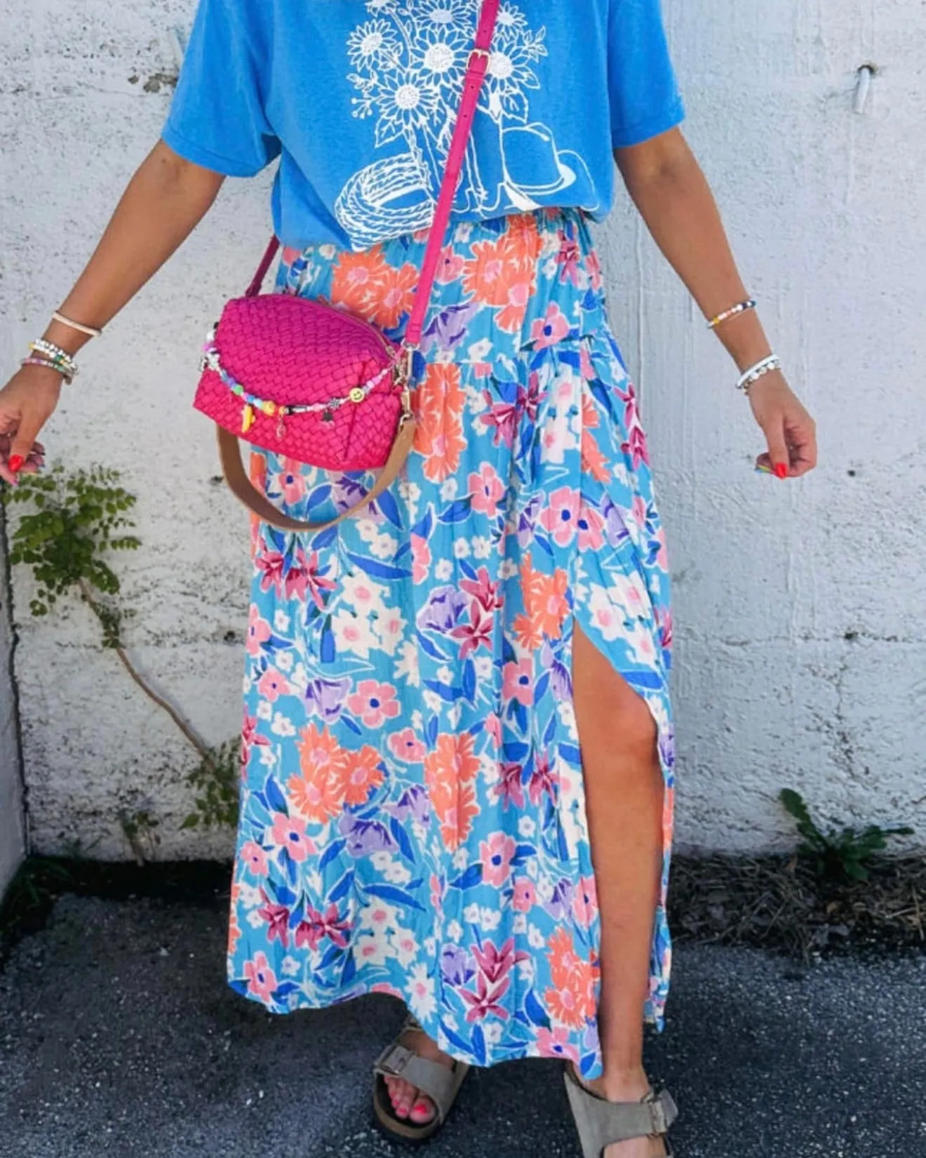 Blue Floral Elastic Waist Wrap Maxi Skirt