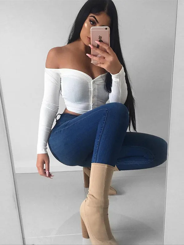 Boat Neck Bare Shoulders Sweater With Button