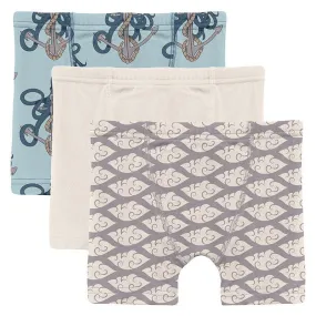 Boy's Print Bamboo Boxer Briefs (Set of 3) - Spring Sky Octopus Anchor, Natural & Feather Cloudy Sea
