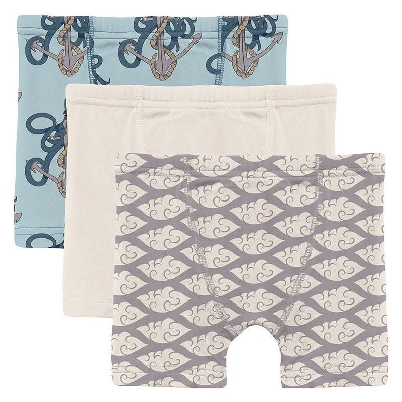 Boy's Print Bamboo Boxer Briefs (Set of 3) - Spring Sky Octopus Anchor, Natural & Feather Cloudy Sea