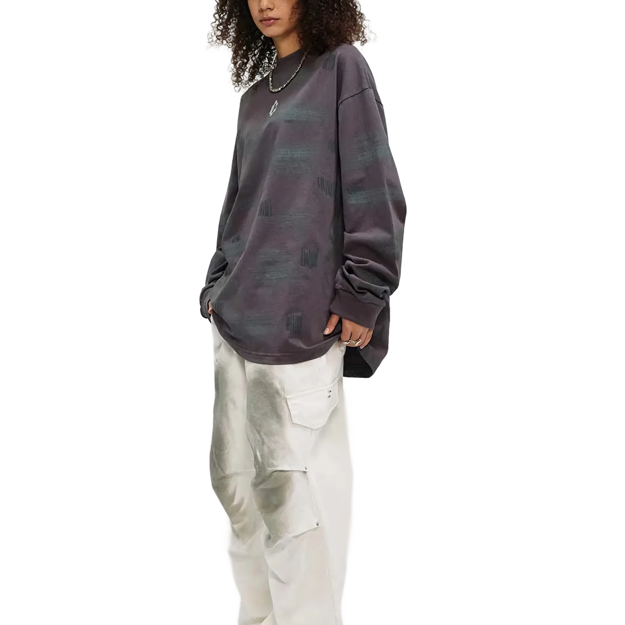 Brushed Abstract Logo Print Long Sleeve Cotton Tee