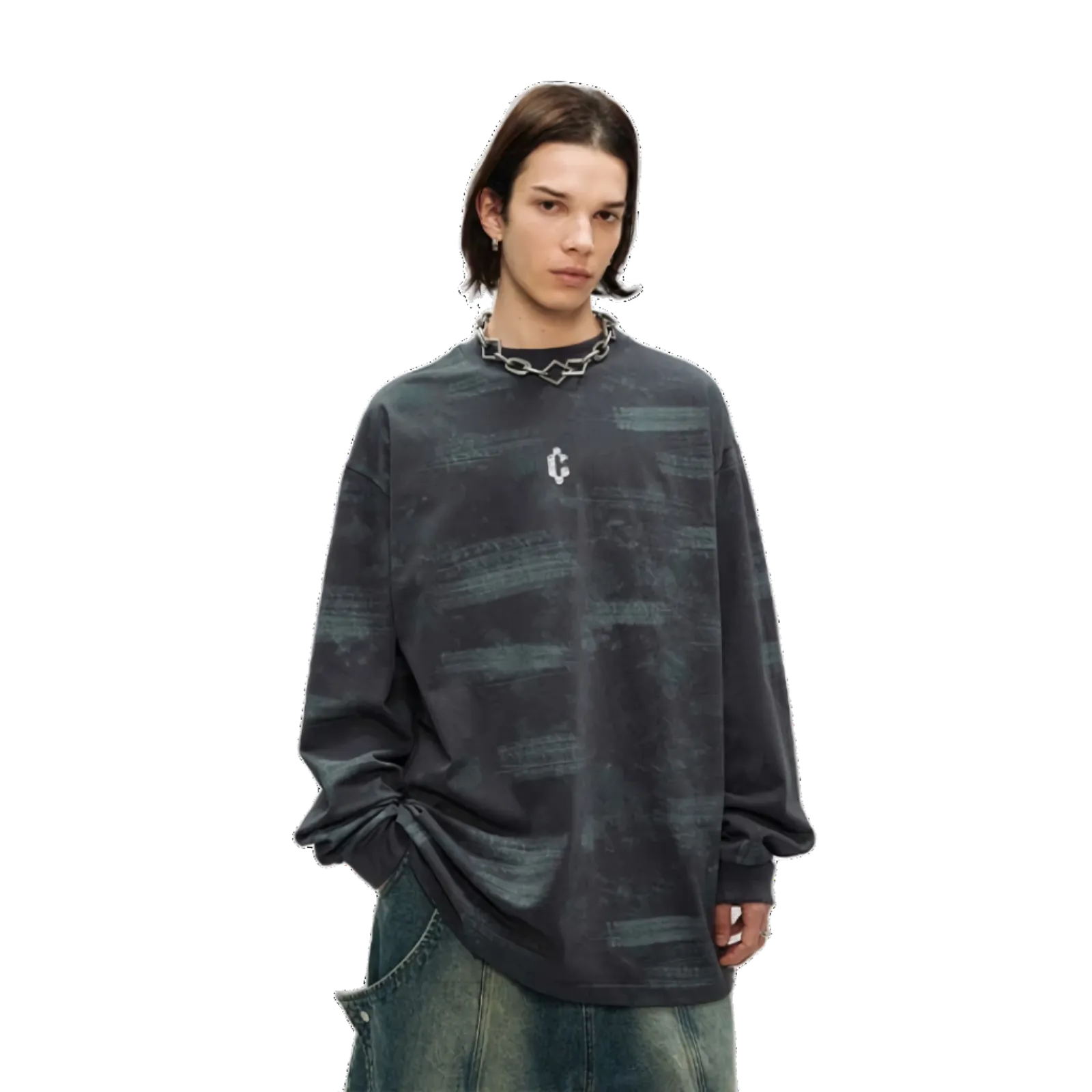 Brushed Abstract Logo Print Long Sleeve Cotton Tee