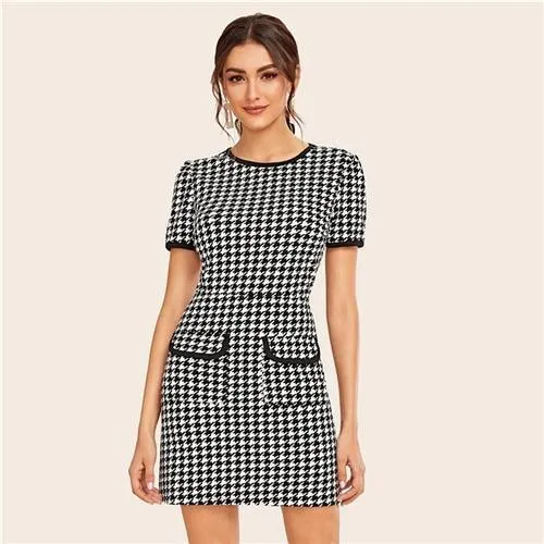FashionSierra - Black And White Flap Pocket Houndstooth Ringer Elegant Dress