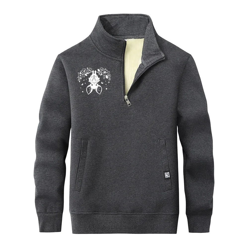Flower Bat Print Stand Collar Zip Fleece Sherpa Sweatshirt