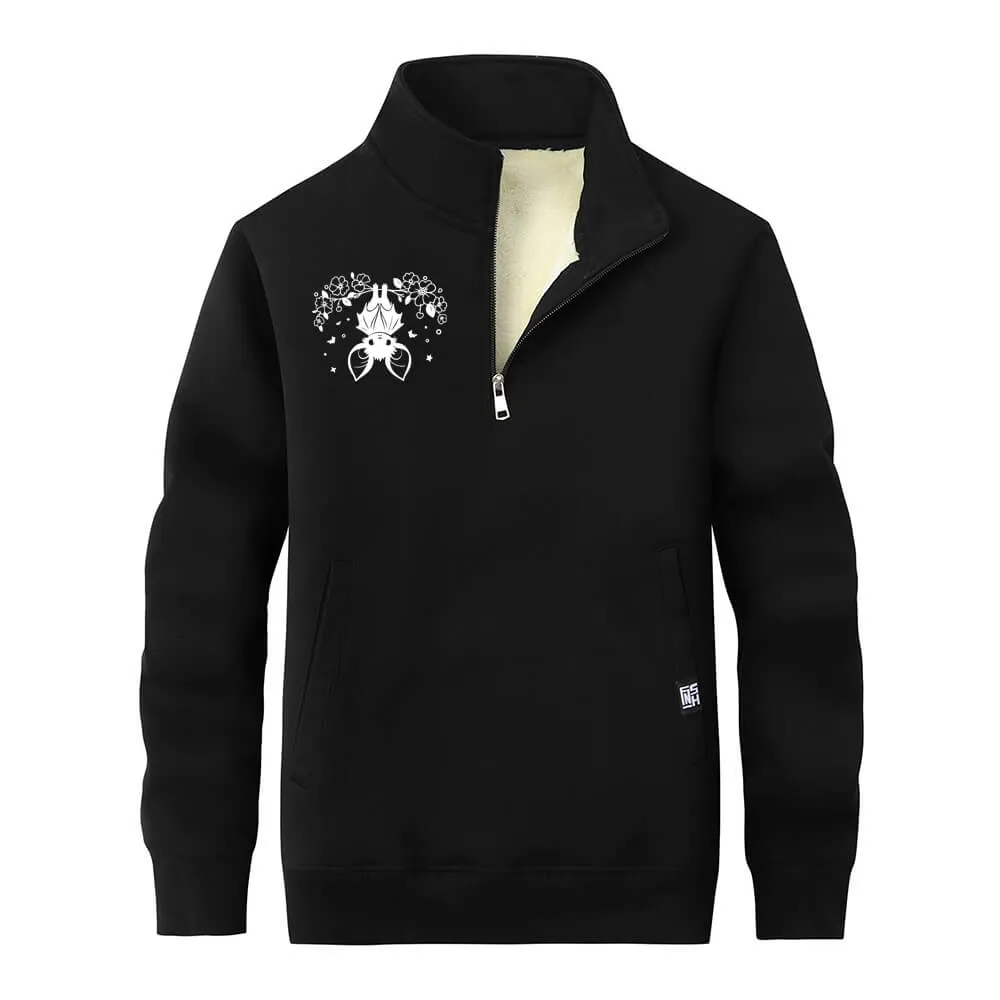 Flower Bat Print Stand Collar Zip Fleece Sherpa Sweatshirt