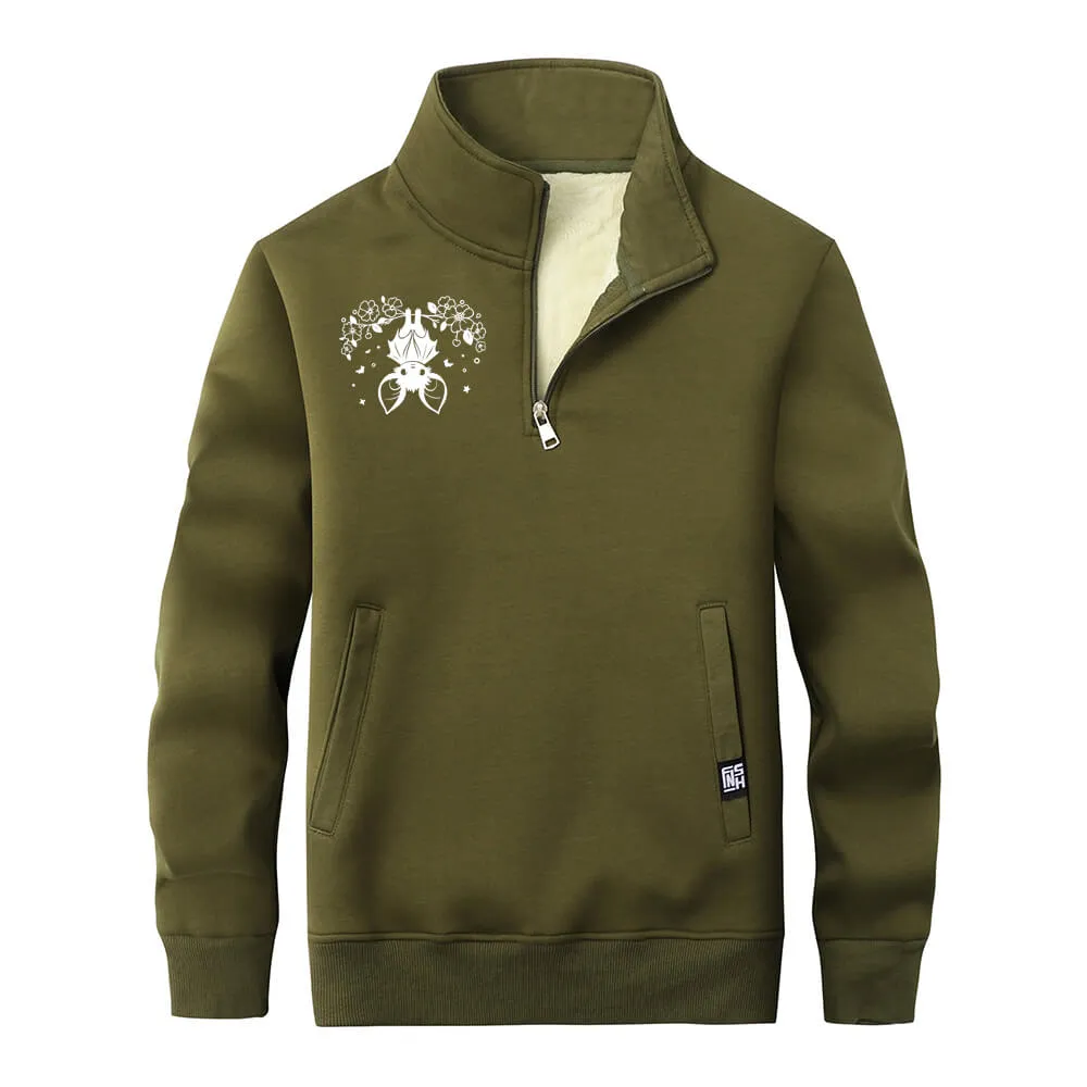 Flower Bat Print Stand Collar Zip Fleece Sherpa Sweatshirt