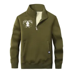 Flower Bat Print Stand Collar Zip Fleece Sherpa Sweatshirt