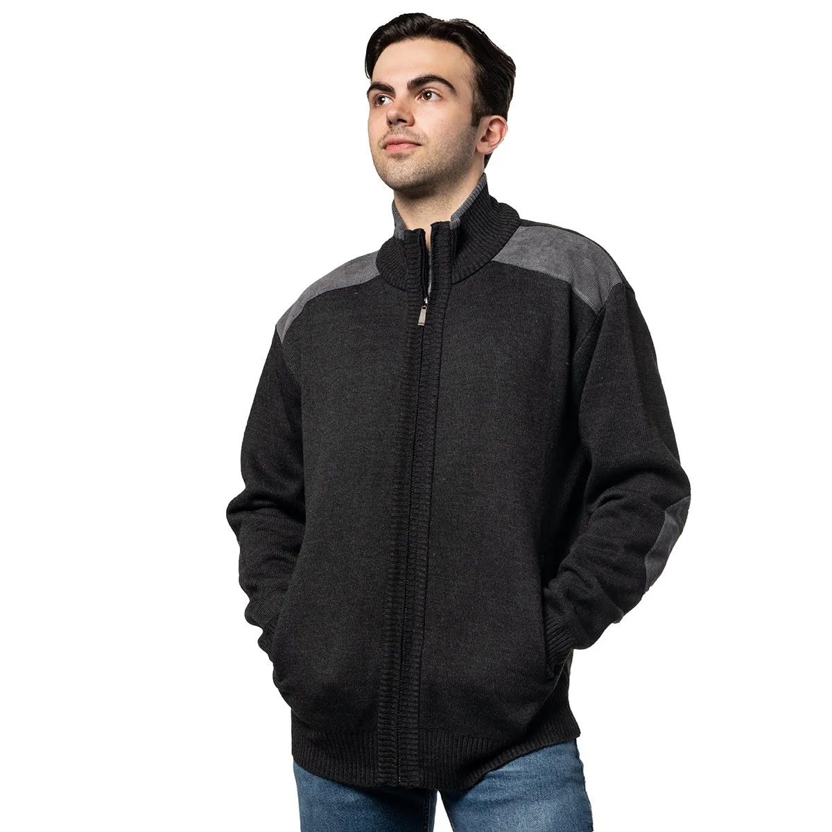 Full Zip Knit Sweater Cardigan for Men with Plaid Fleece Lining