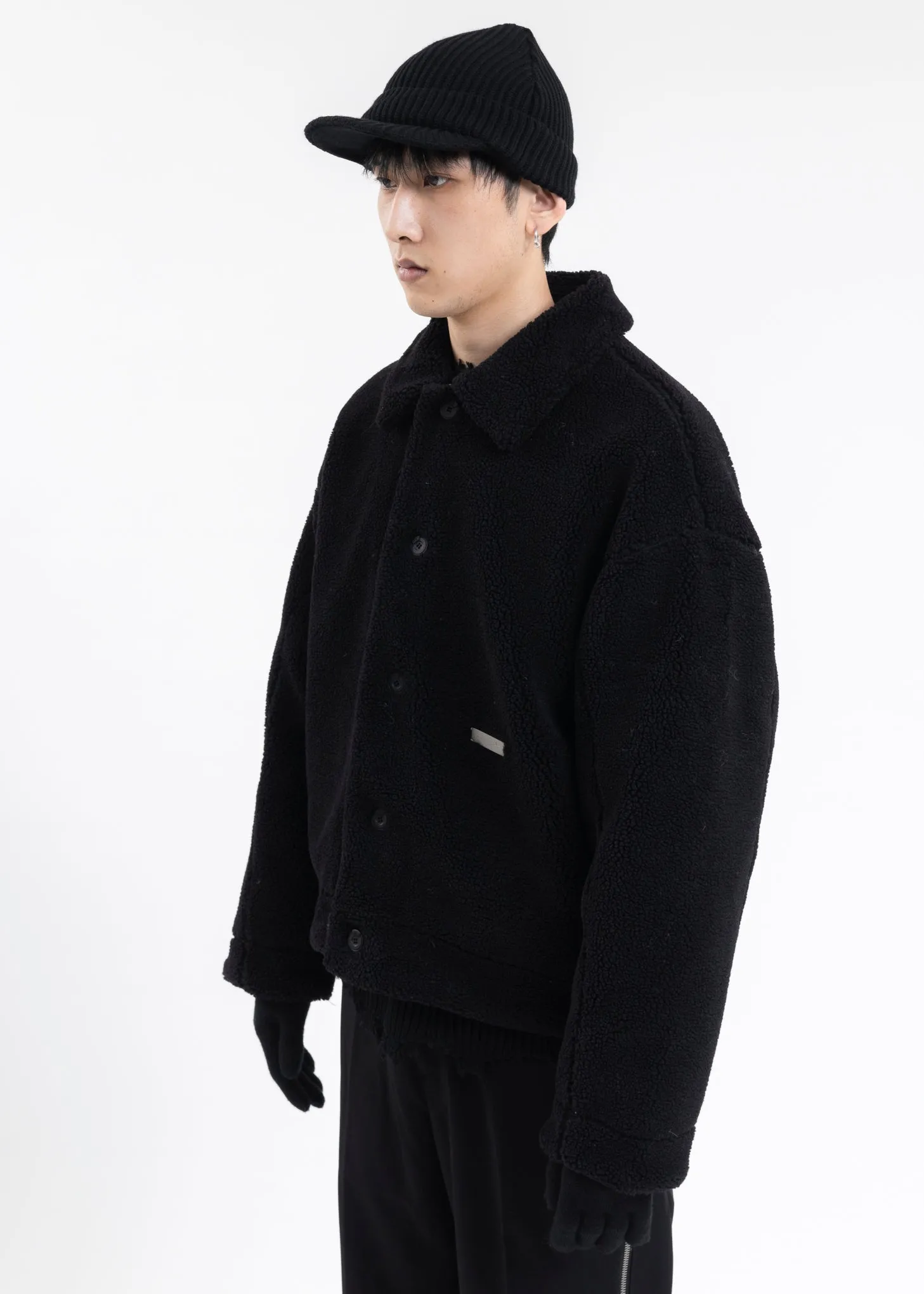 FUZZY BLACK HANDPRINT PADDED FLEECE JACKET
