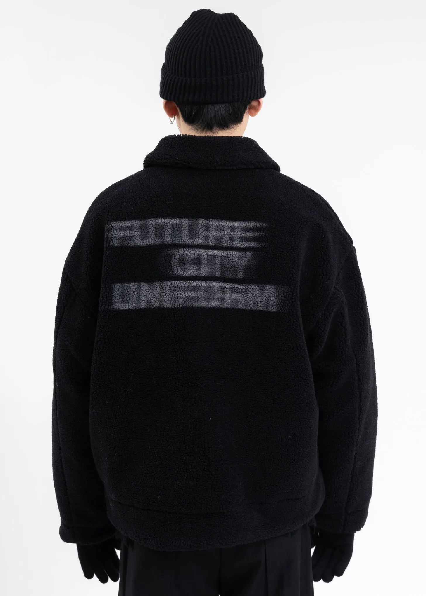 FUZZY BLACK HANDPRINT PADDED FLEECE JACKET