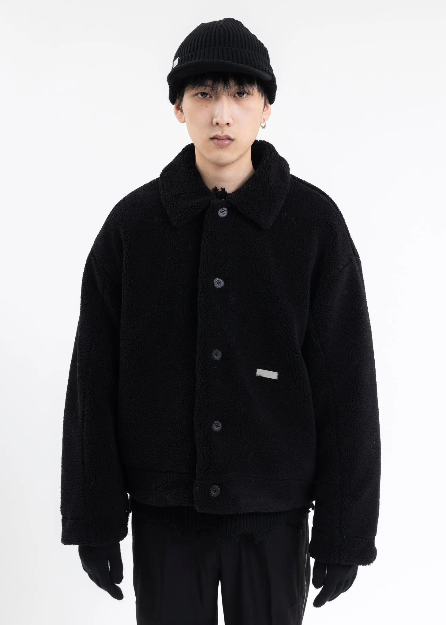 FUZZY BLACK HANDPRINT PADDED FLEECE JACKET