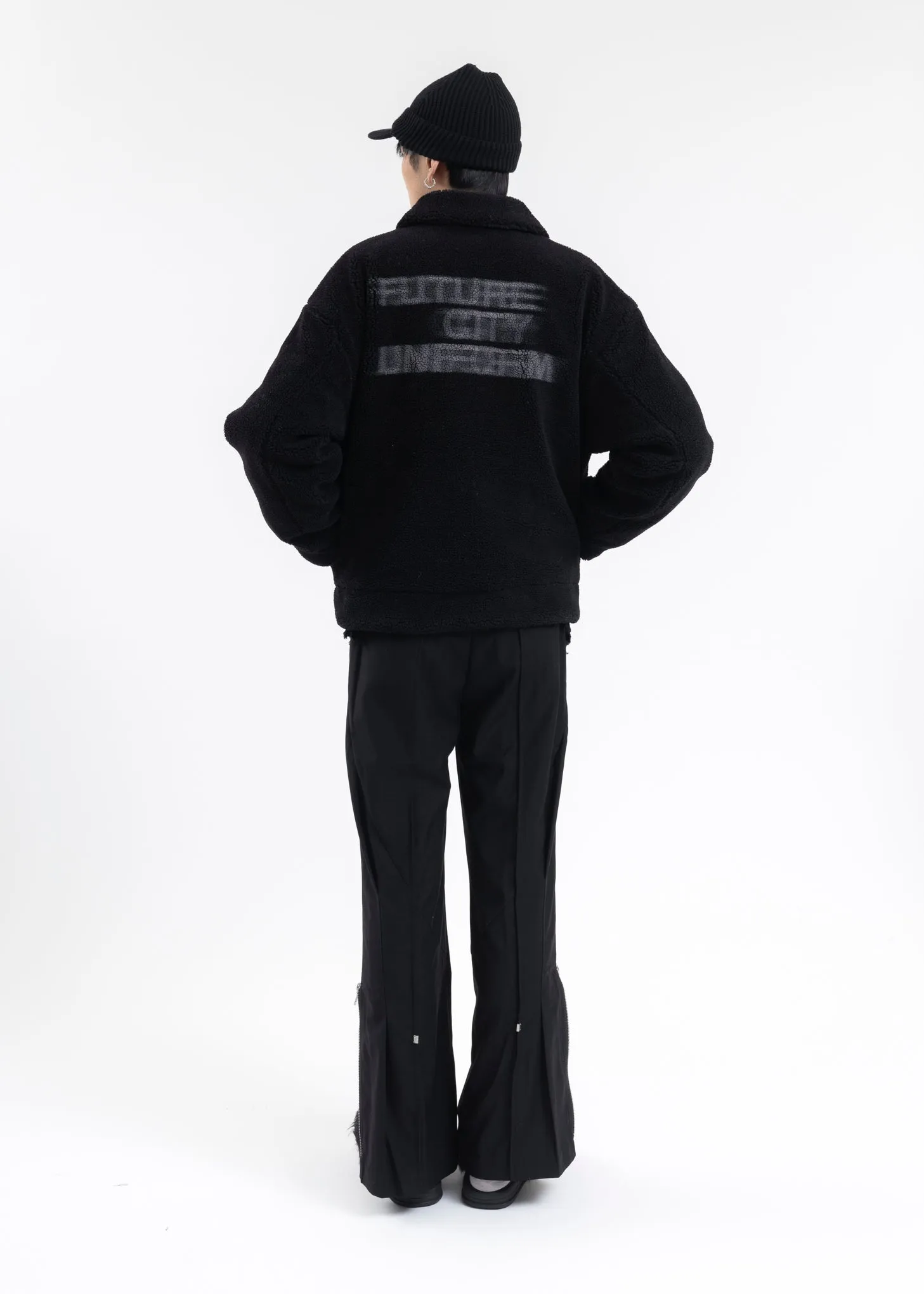 FUZZY BLACK HANDPRINT PADDED FLEECE JACKET
