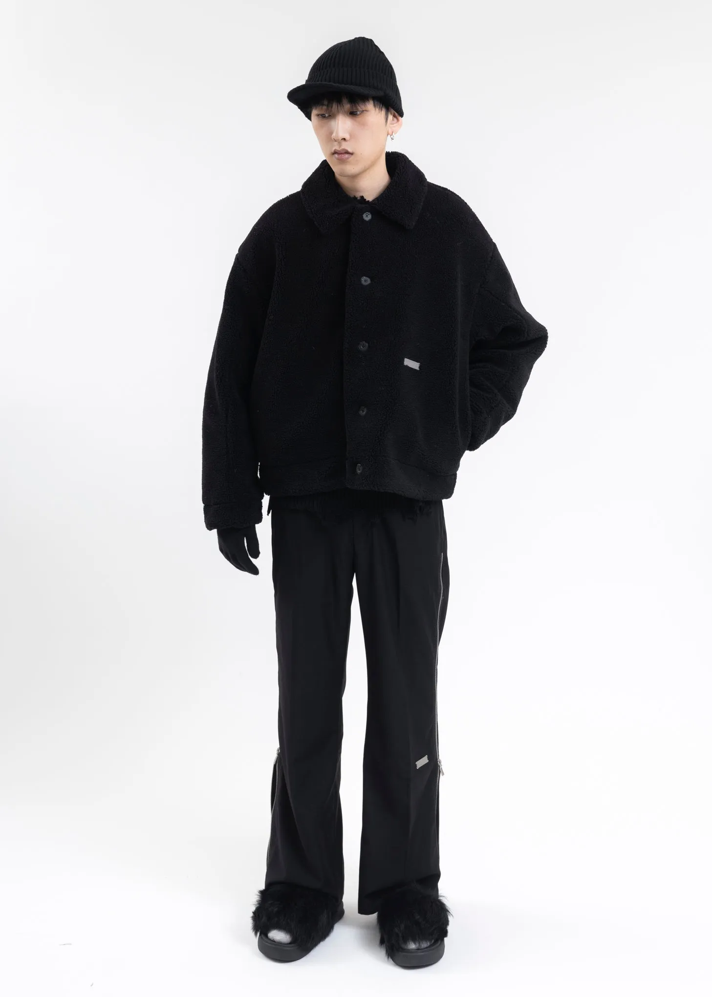 FUZZY BLACK HANDPRINT PADDED FLEECE JACKET