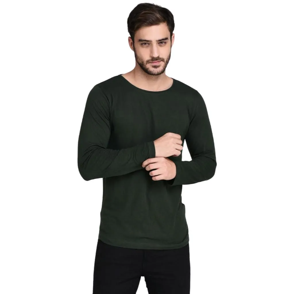 Green Solid Cotton Full Sleeve T-Shirt For Men