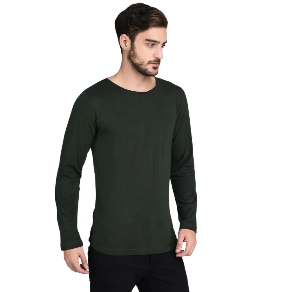 Green Solid Cotton Full Sleeve T-Shirt For Men