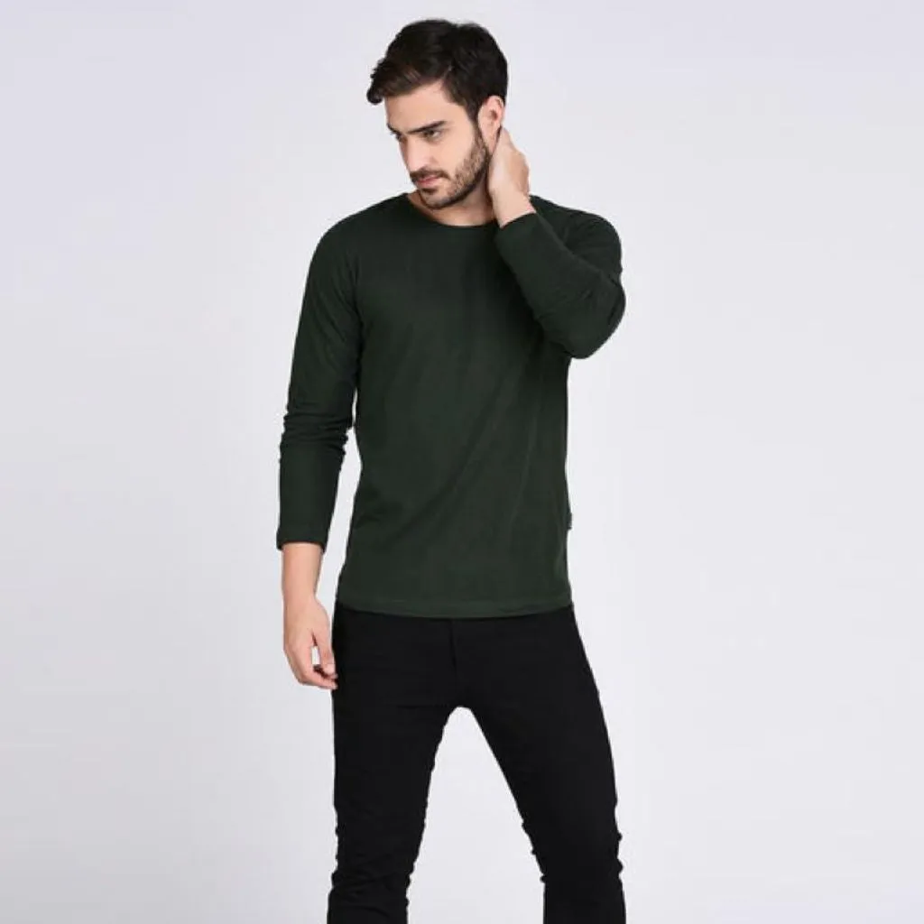 Green Solid Cotton Full Sleeve T-Shirt For Men
