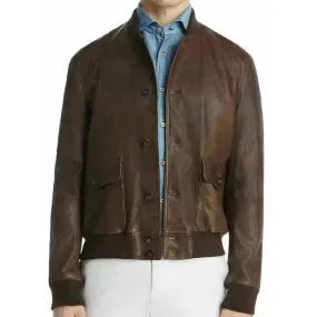 Men's Brown Leather Baseball Bomber Jacket – Classic & Stylish