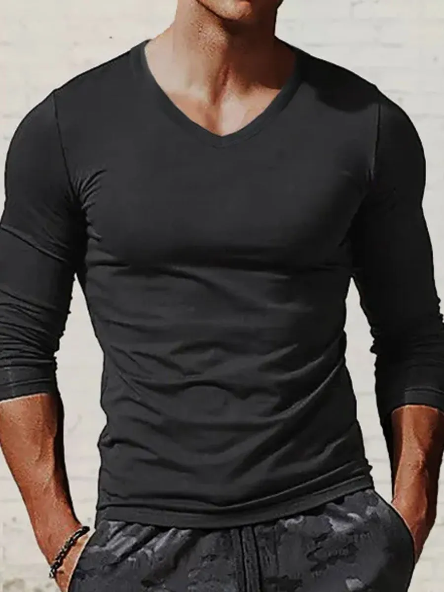 Men's Solid Color V-Neck Casual Long-Sleeved T-Shirt
