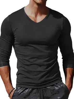 Men's Solid Color V-Neck Casual Long-Sleeved T-Shirt