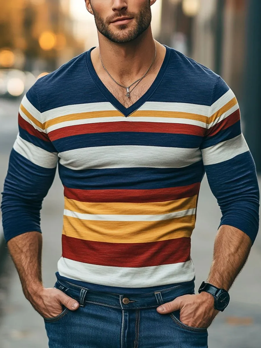 Men's V-Neck Retro Striped Print Casual Long-Sleeved T-Shirt