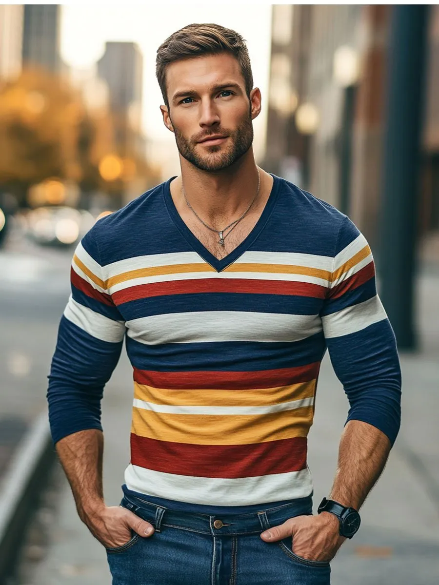 Men's V-Neck Retro Striped Print Casual Long-Sleeved T-Shirt