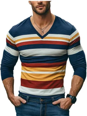 Men's V-Neck Retro Striped Print Casual Long-Sleeved T-Shirt