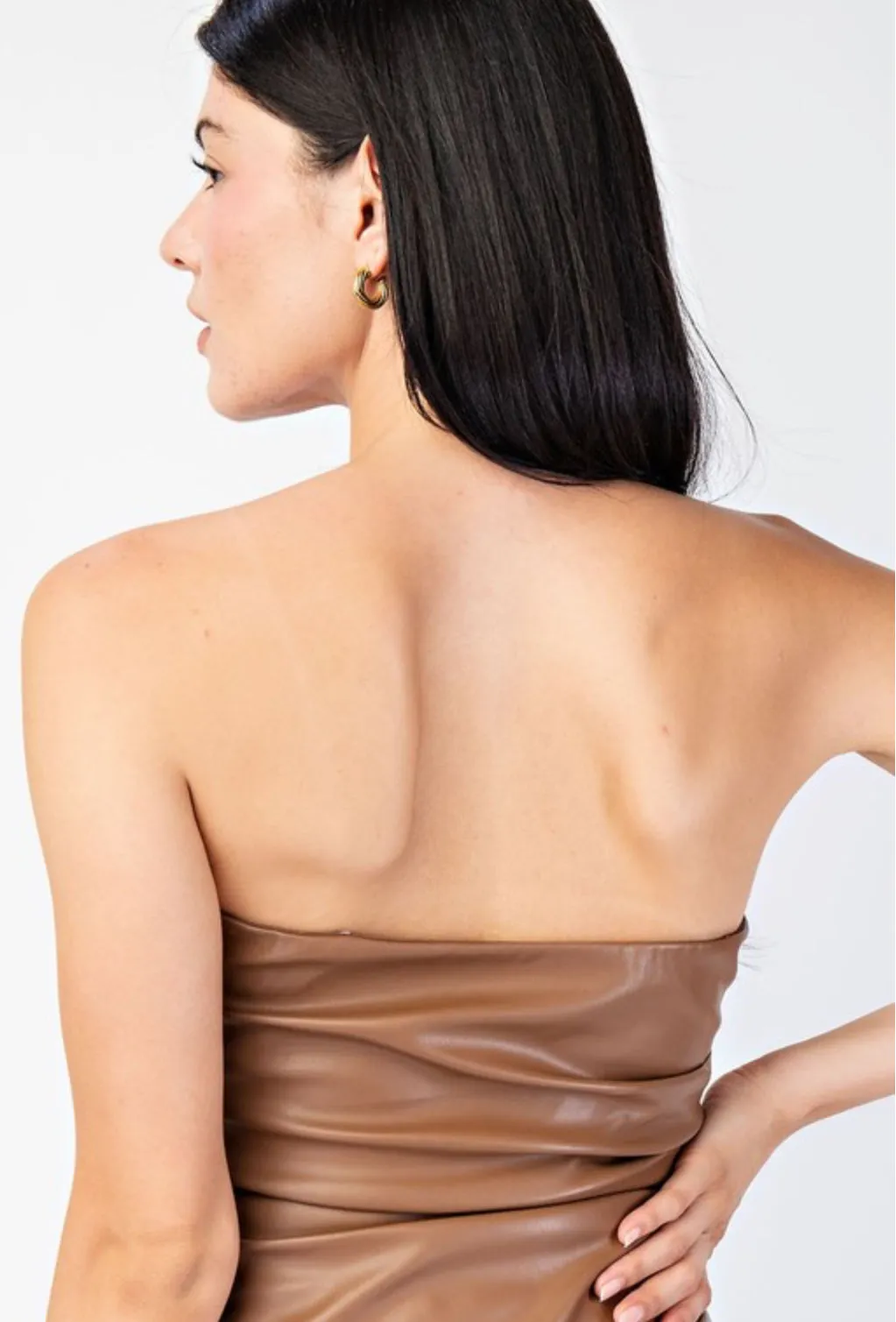 Mocha fitted pleats faux leather tub top