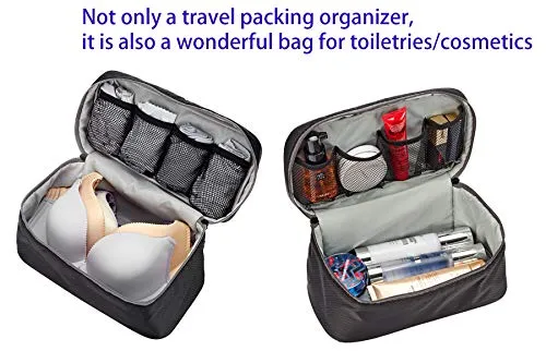 Packing Organizer Bra Underwear Storage Bag Travel Lingerie Pouch Toiletry Organizer Handbag Cosmetic Makeup Bag Luggage Storage Case For Cosmetics, Toiletries, Hotel, Home, Bathroom, Airplane (Black)