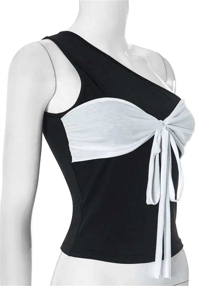 Patchwork Lacing Black White Top