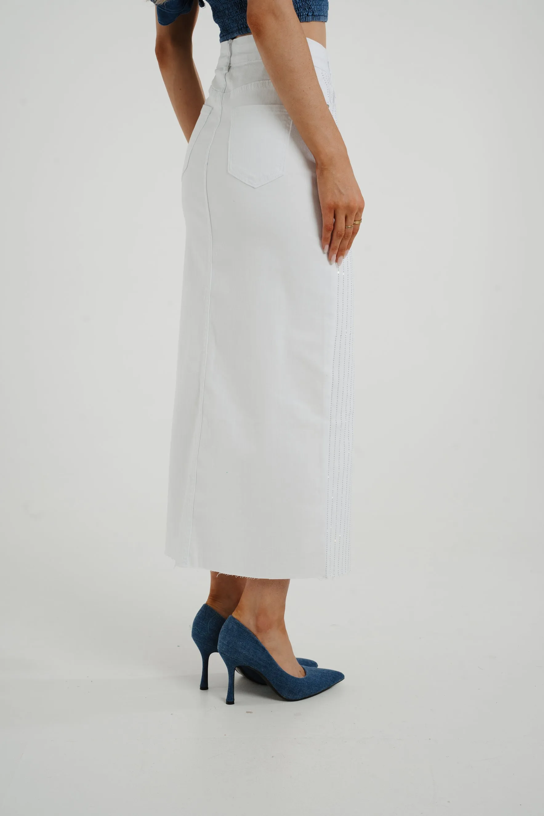 Polly Embellished Denim Skirt In White