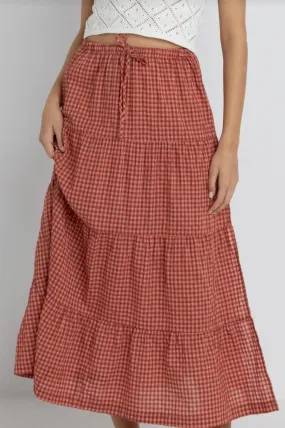 RHYTHM Lola Check Tiered Maxi Skirt - Red