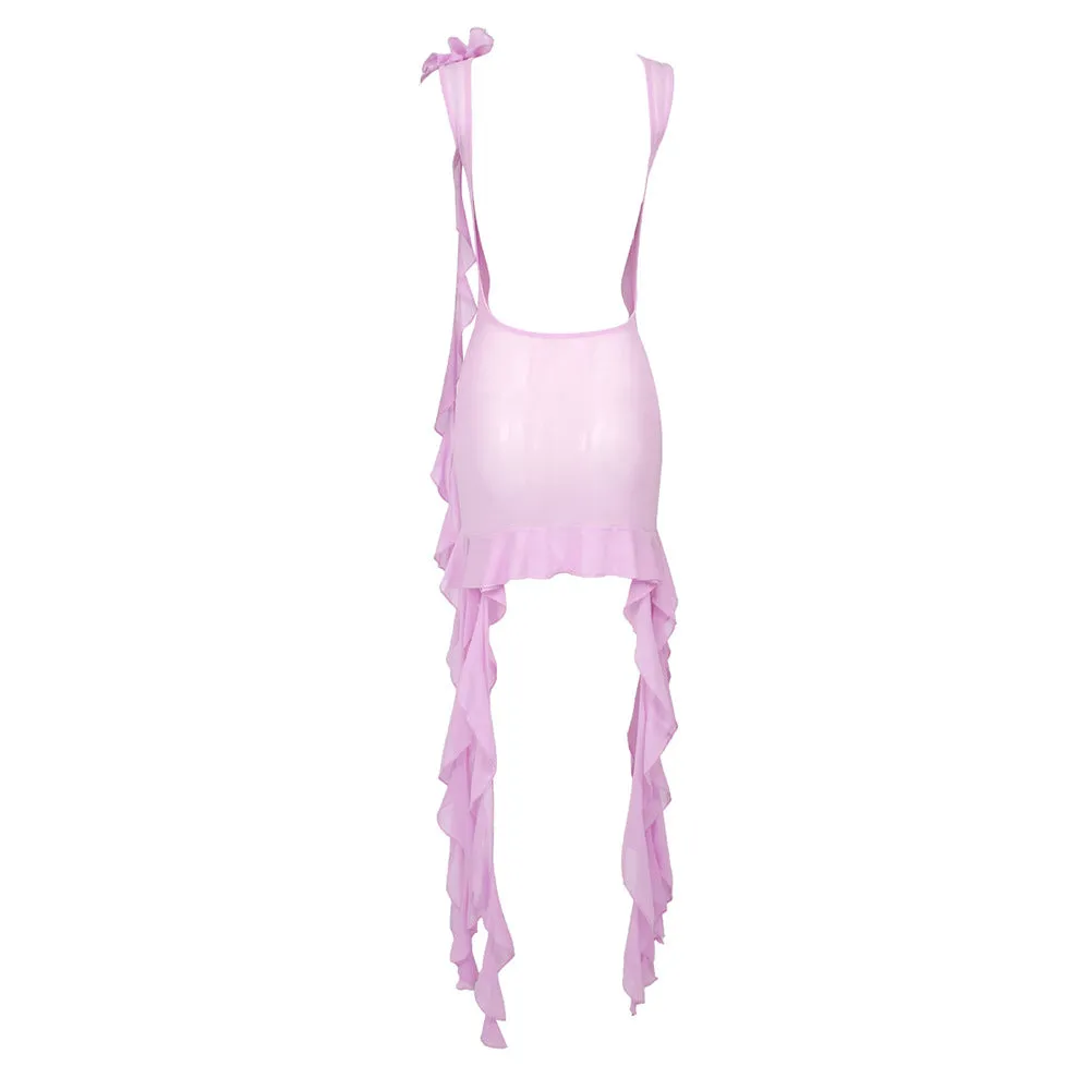 Sexy Pink Semi Transparent Lace Floral Backless Party Dress