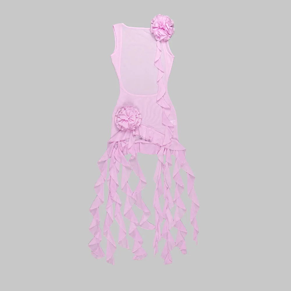 Sexy Pink Semi Transparent Lace Floral Backless Party Dress