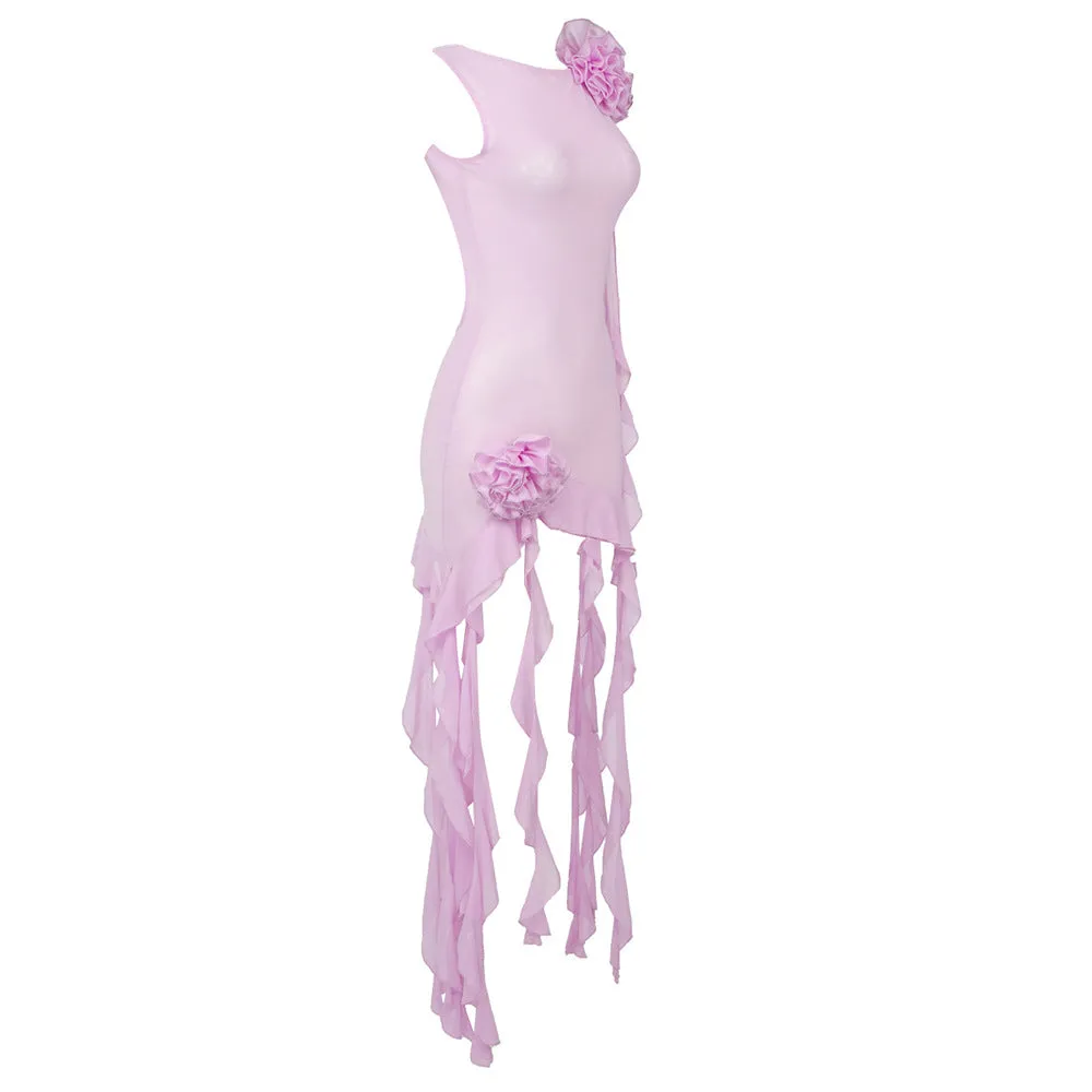Sexy Pink Semi Transparent Lace Floral Backless Party Dress