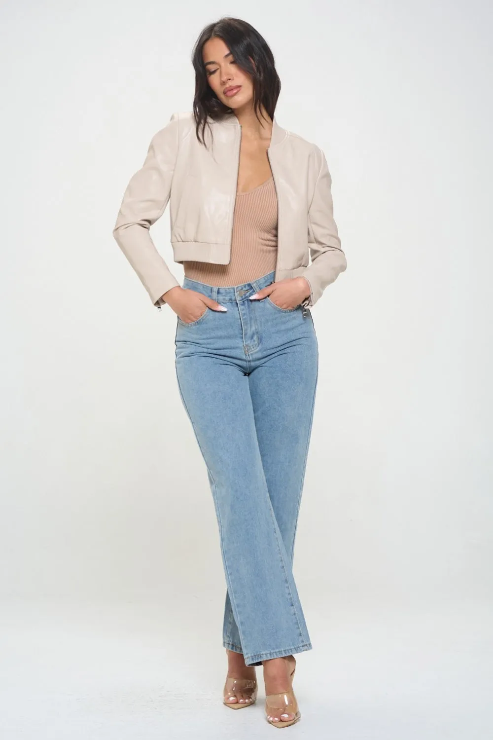 Sleek Beige Faux Leather Bomber Jacket