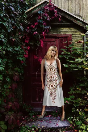 Vee Divergence- French Gothic V Neck Slip Dress in White | Le Leanian™
