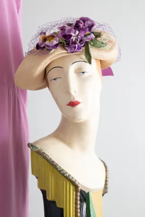 Vintage 1930's Straw Summer Hat With Purple Bow and Pansies / Small