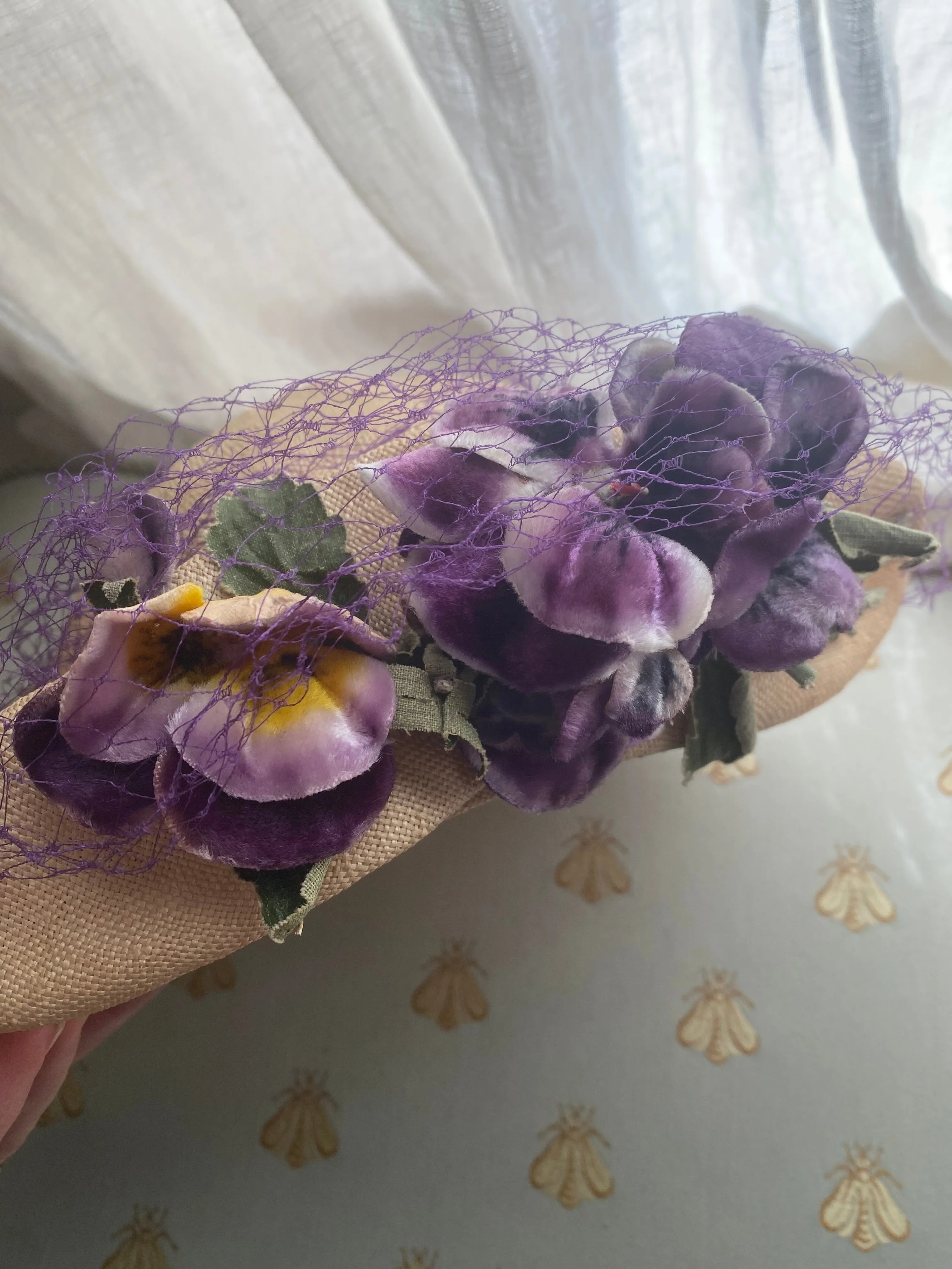 Vintage 1930's Straw Summer Hat With Purple Bow and Pansies / Small