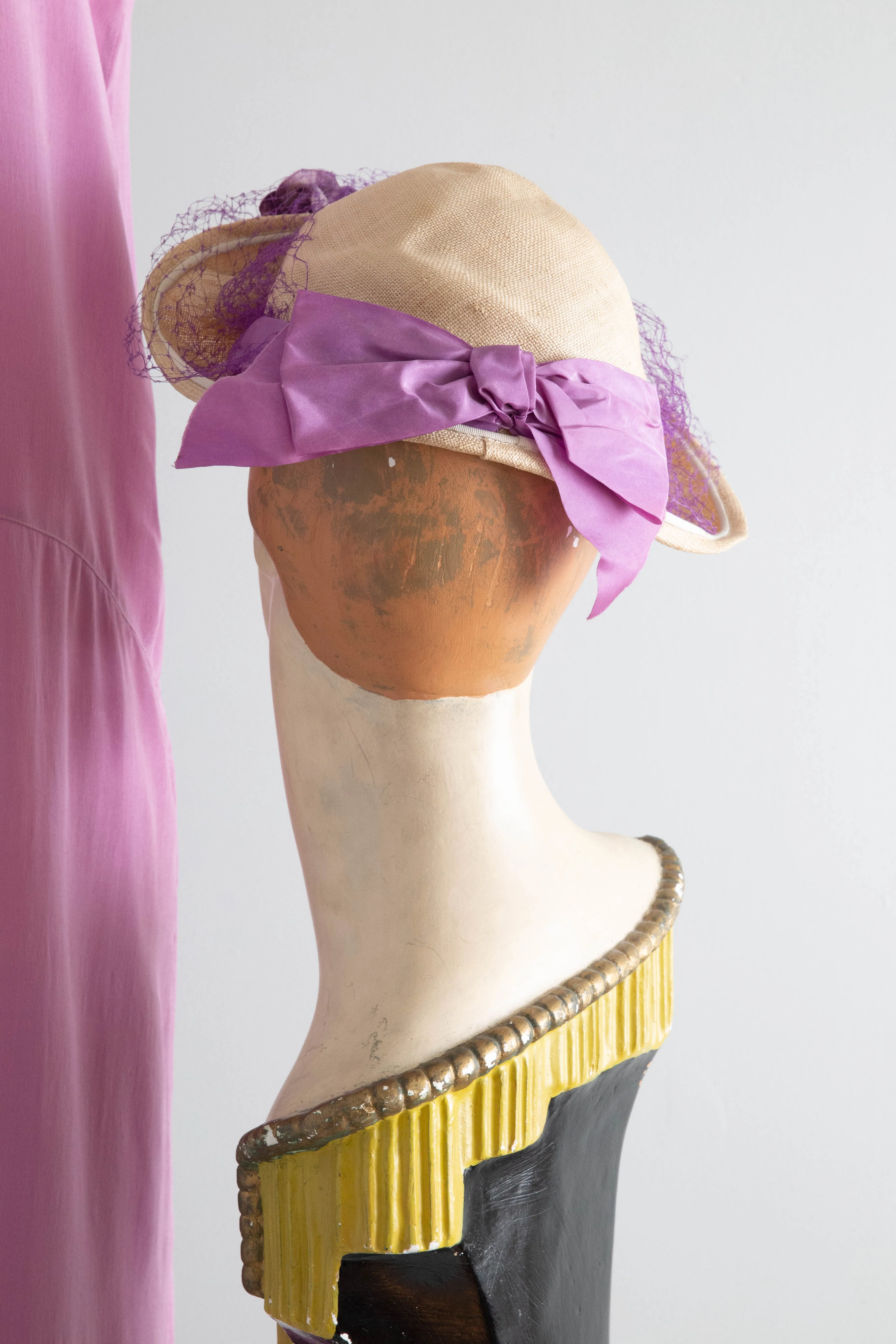 Vintage 1930's Straw Summer Hat With Purple Bow and Pansies / Small