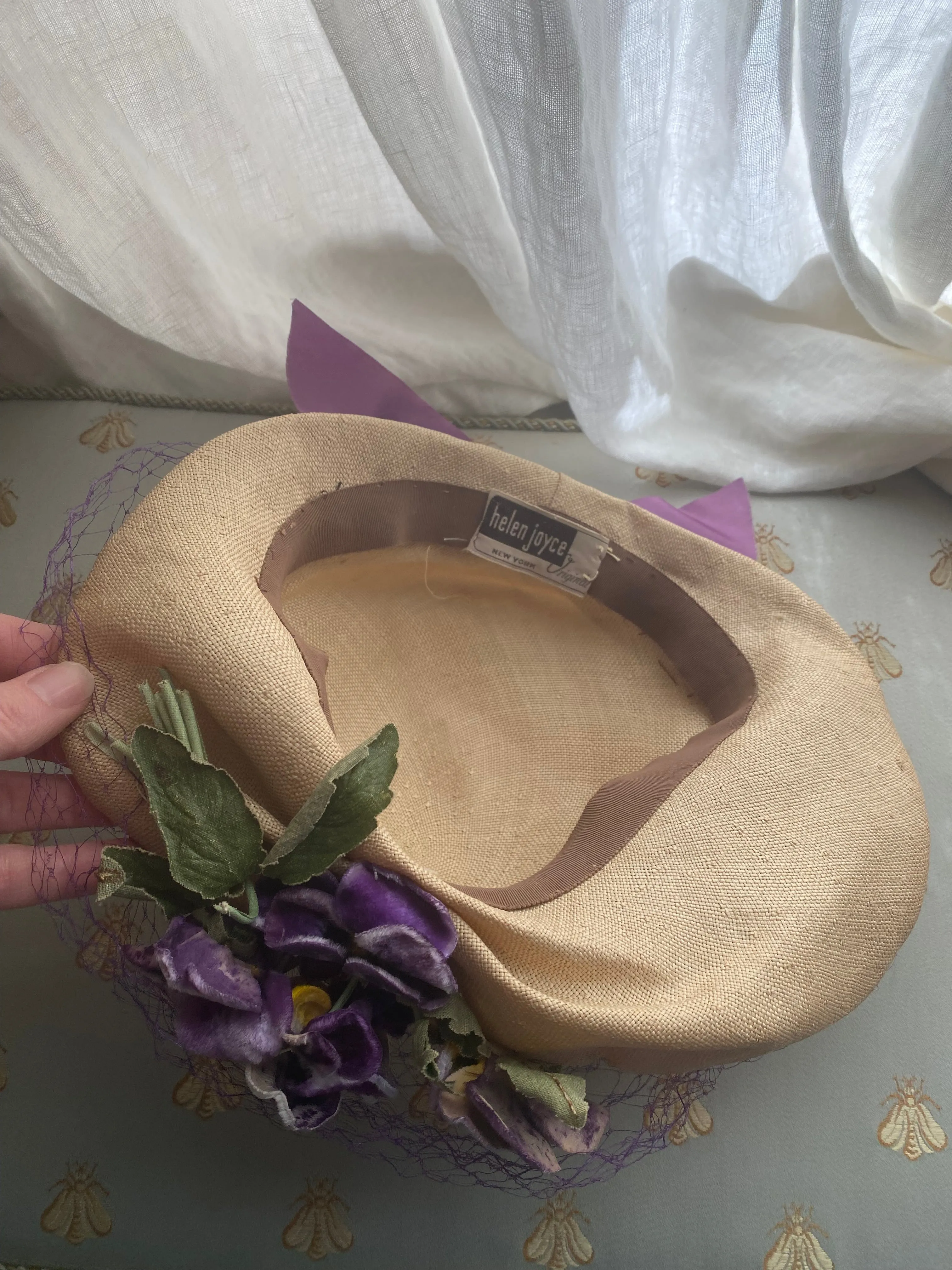Vintage 1930's Straw Summer Hat With Purple Bow and Pansies / Small