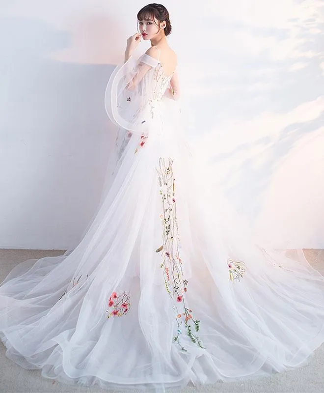 White Tulle Applique Long Prom Dress, White Evening Dress