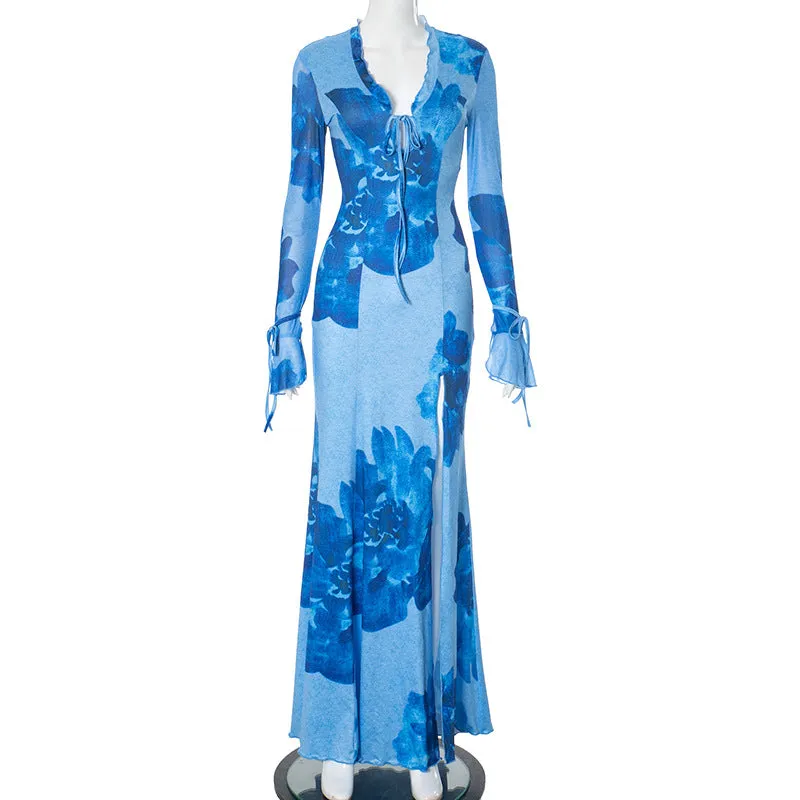 Women Chiffon Printed Robe Blouse Sexy Slit Vacation Dress