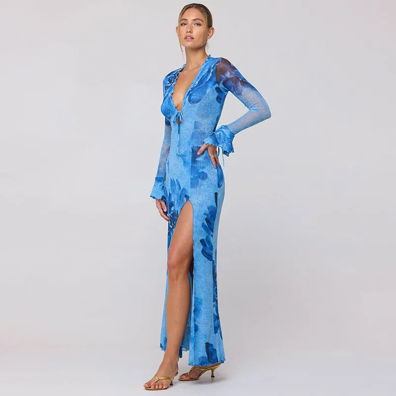 Women Chiffon Printed Robe Blouse Sexy Slit Vacation Dress