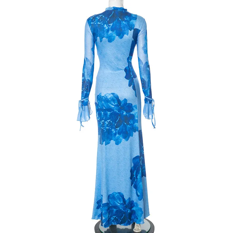 Women Chiffon Printed Robe Blouse Sexy Slit Vacation Dress
